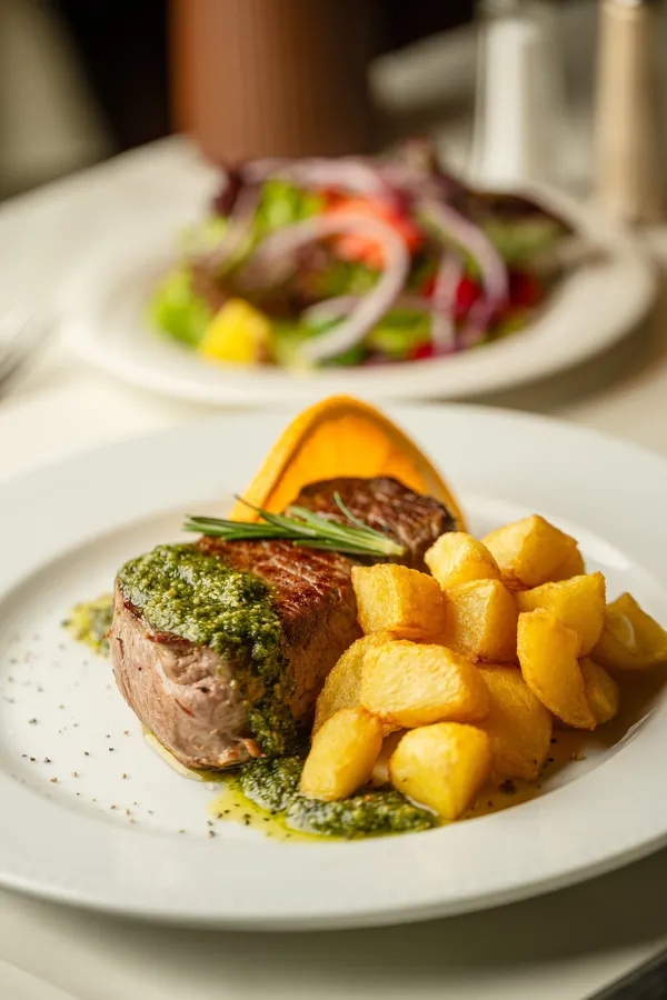 Fillet steak with herb pesto and cubed fries